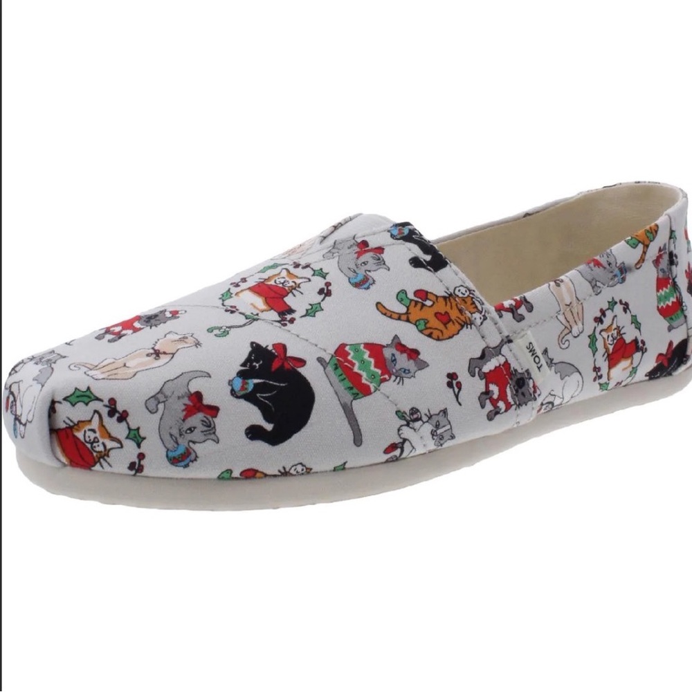 NEW! TOMS Belmont Christmas Cats Flats Loafers Shoes Womens Size 6 Woven Canvas